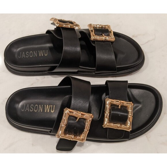 Women's JASON WU Marzan Luxe Black Leather Gold Buckles Slides Sandals 7.5 - Picture 7 of 11
